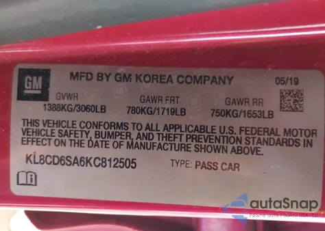 2019 Chevrolet Spark 1Lt Cvt from USA, damaged, VIN KL8CD6SA6KC812505